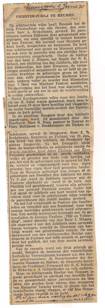 Krantenknipsel 40 jarig priesterjubileum Petrus Antonius Brekelmans bron Frans Brekelmans