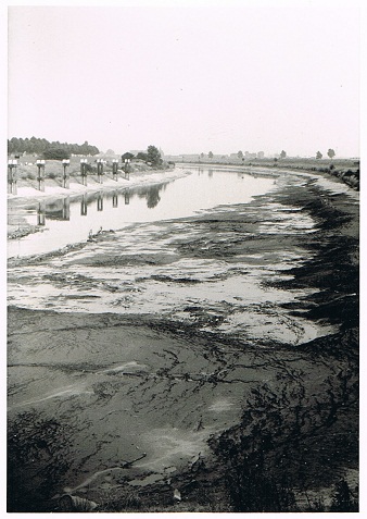 Jaren 60 Rijkswaterstaat heeft de maas leeg laten lopen voor onderhoud stuwen en sluizen. Foto gemaakt bij ophaalbrug Heumen. bron Tini Martens
