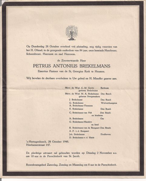 Overlijdens advertentie Pastoor P.A. Brekelmans. bron Frans Brekelmans