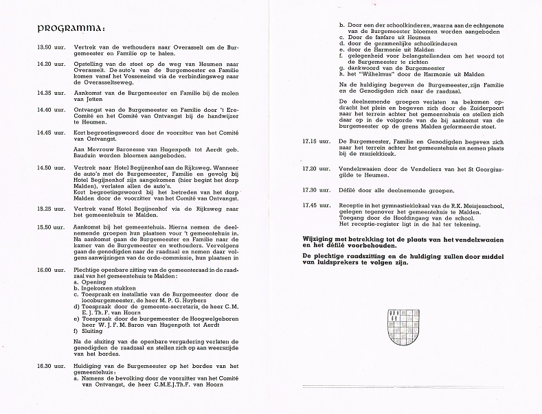 Programma van Installatie van de Hoogwelgeboren Heer W.J.F.M.Baron van Hugenpoth tot Aerdt als burgemeester der Gemeente Heumen op 2 mei 1953.